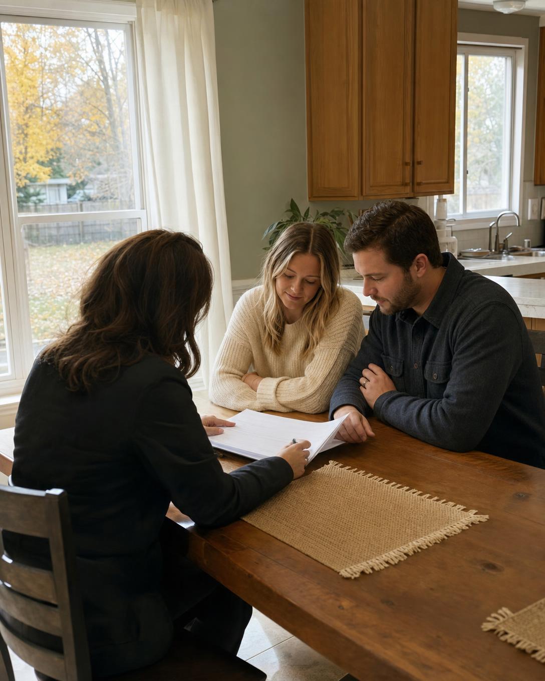 A home buyer reviewing paperwork with a couple at their kitchen table