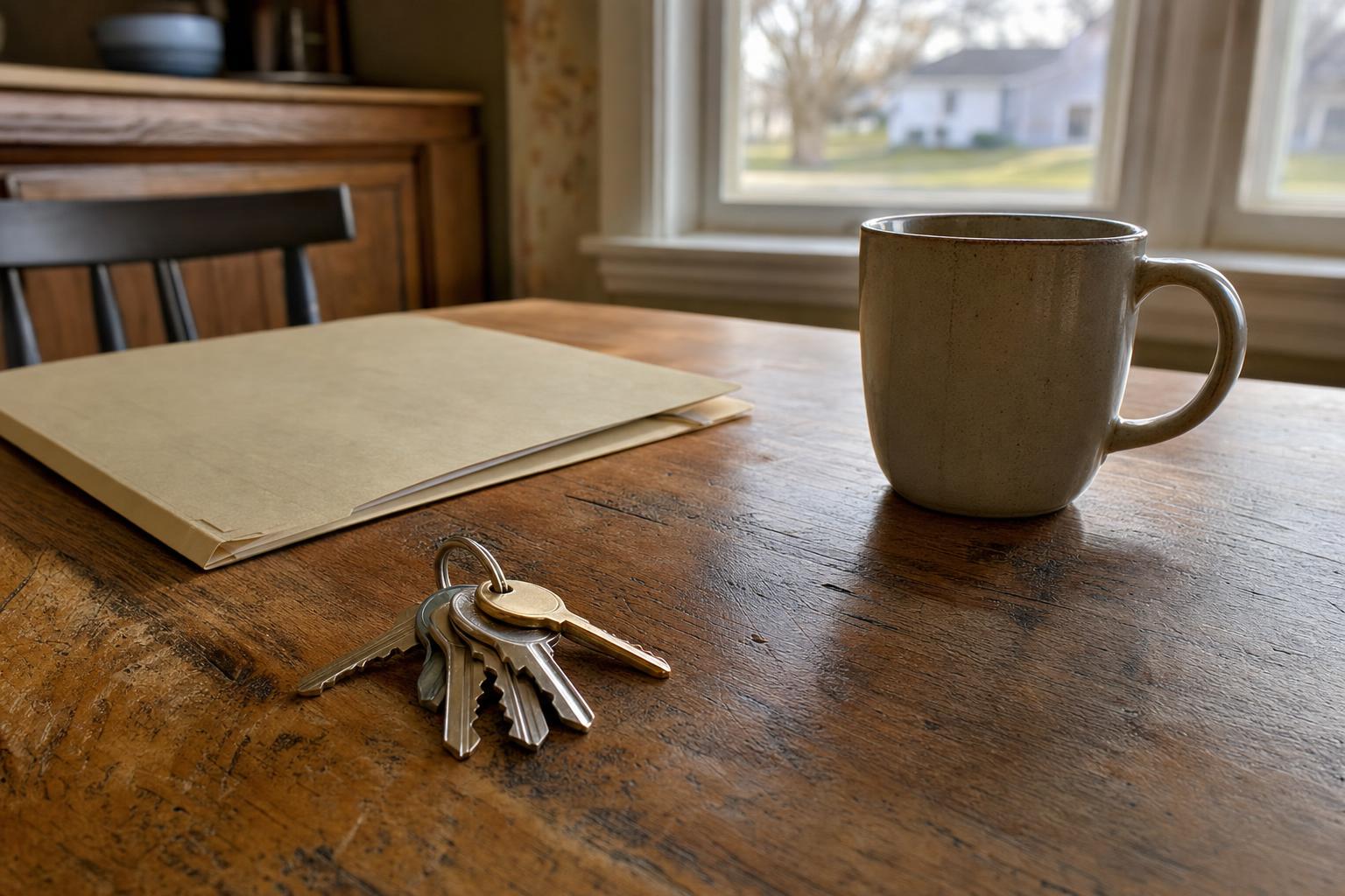 A house key being handed over at the front door of a home